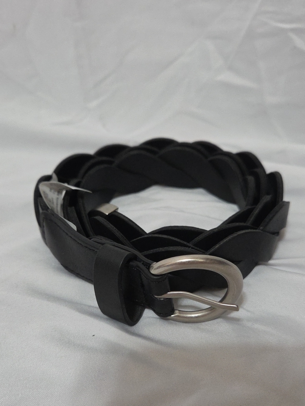 Black Braided Faux Leather Belt w/Silver Oval Buckle, Large, Like New Condition